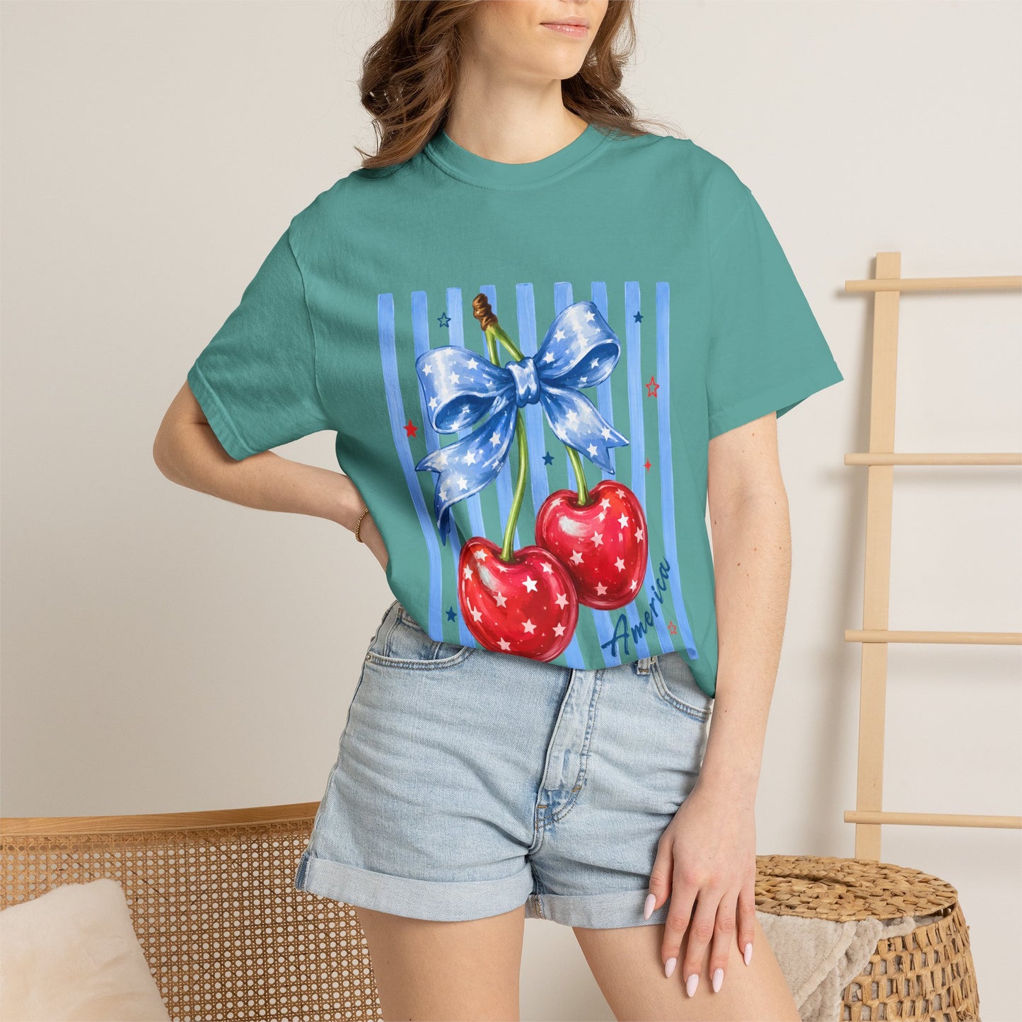 Cherry Bow T-Shirt — Retro Blue Stripes Graphic Tee