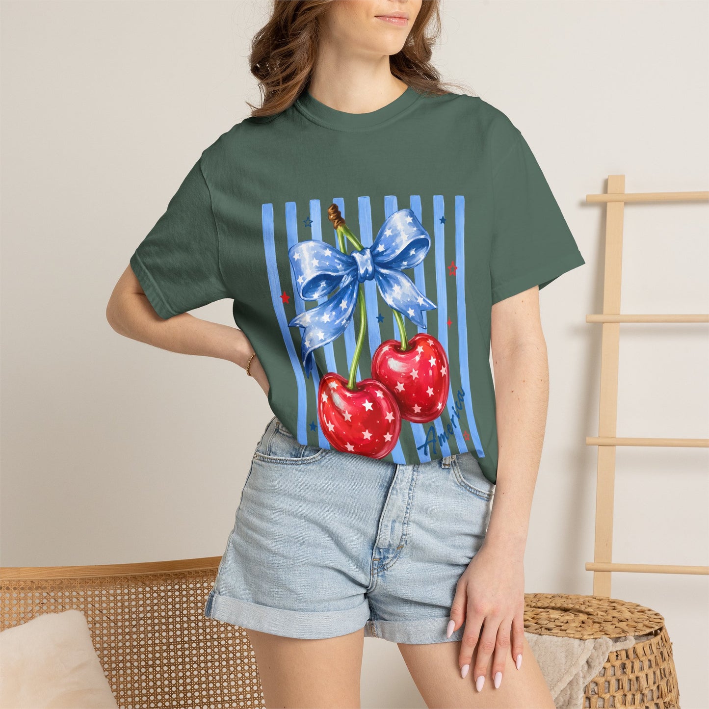 Cherry Bow T-Shirt — Retro Blue Stripes Graphic Tee