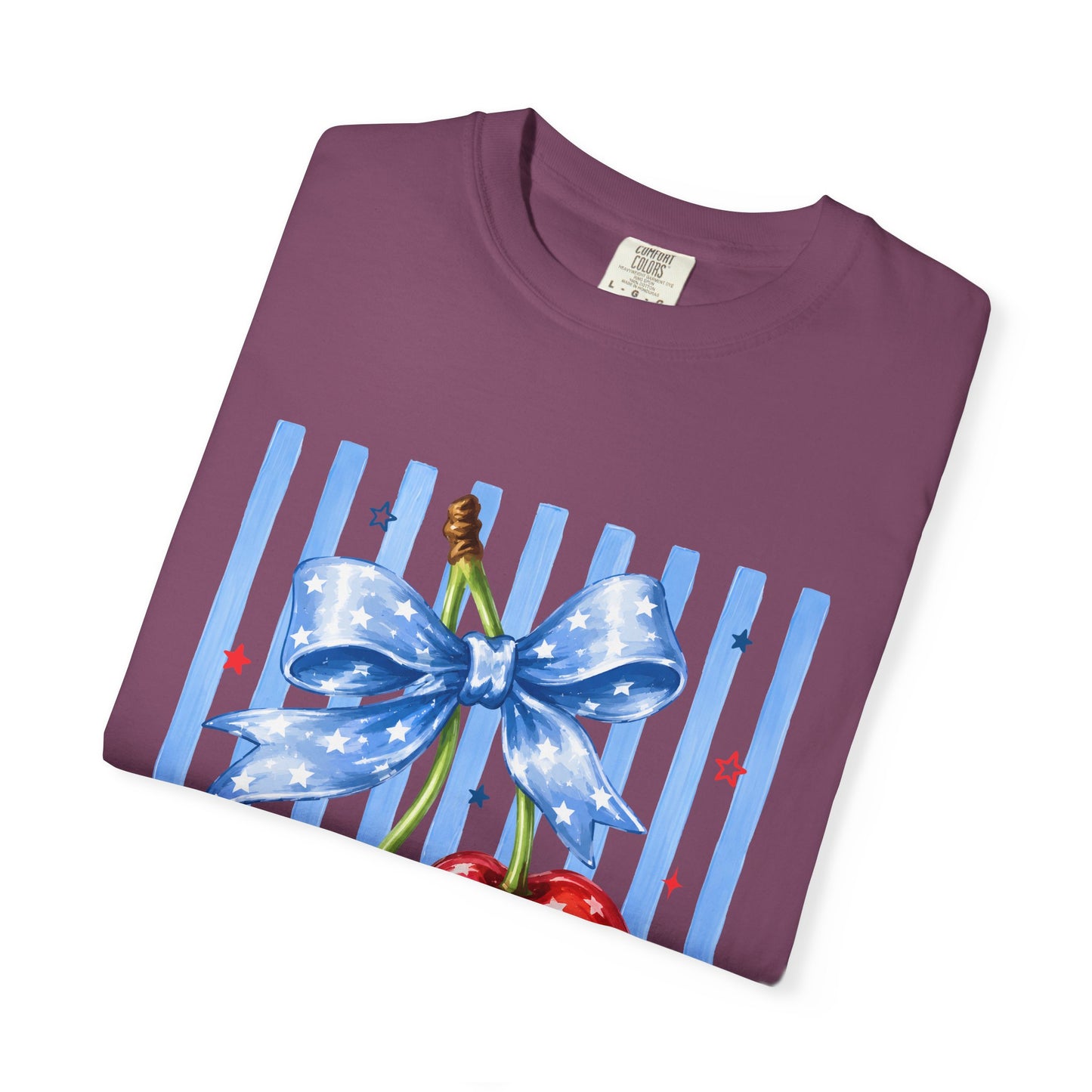 Cherry Bow T-Shirt — Retro Blue Stripes Graphic Tee