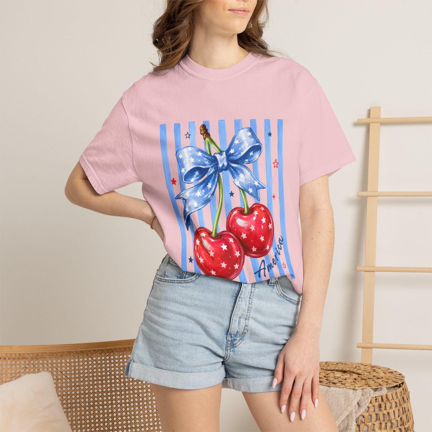 Cherry Bow T-Shirt — Retro Blue Stripes Graphic Tee