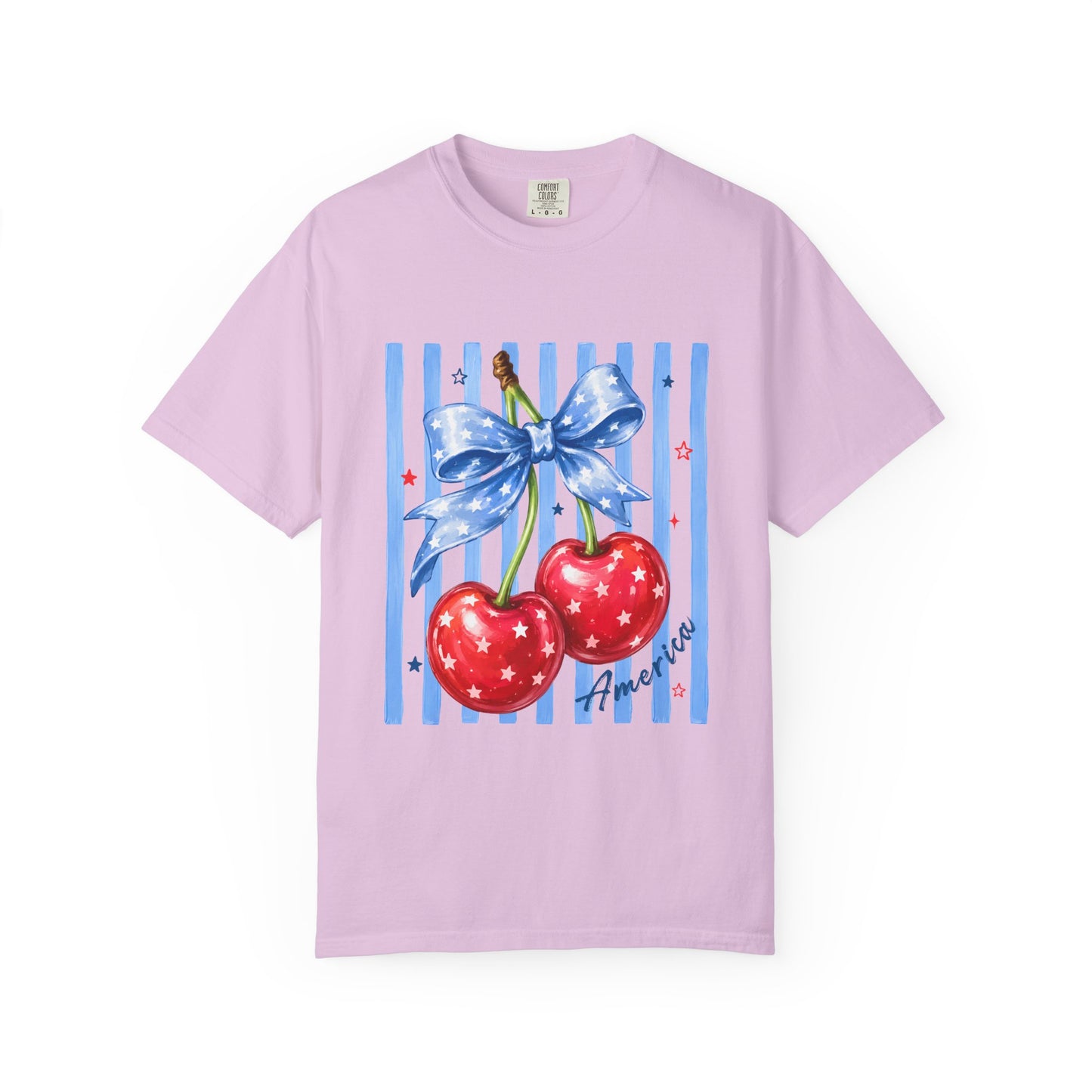 Cherry Bow T-Shirt — Retro Blue Stripes Graphic Tee