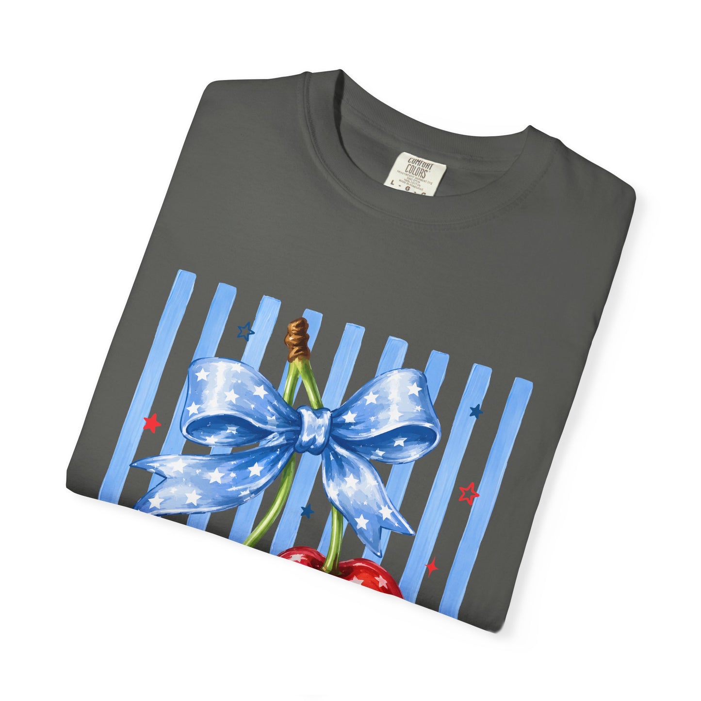 Cherry Bow T-Shirt — Retro Blue Stripes Graphic Tee