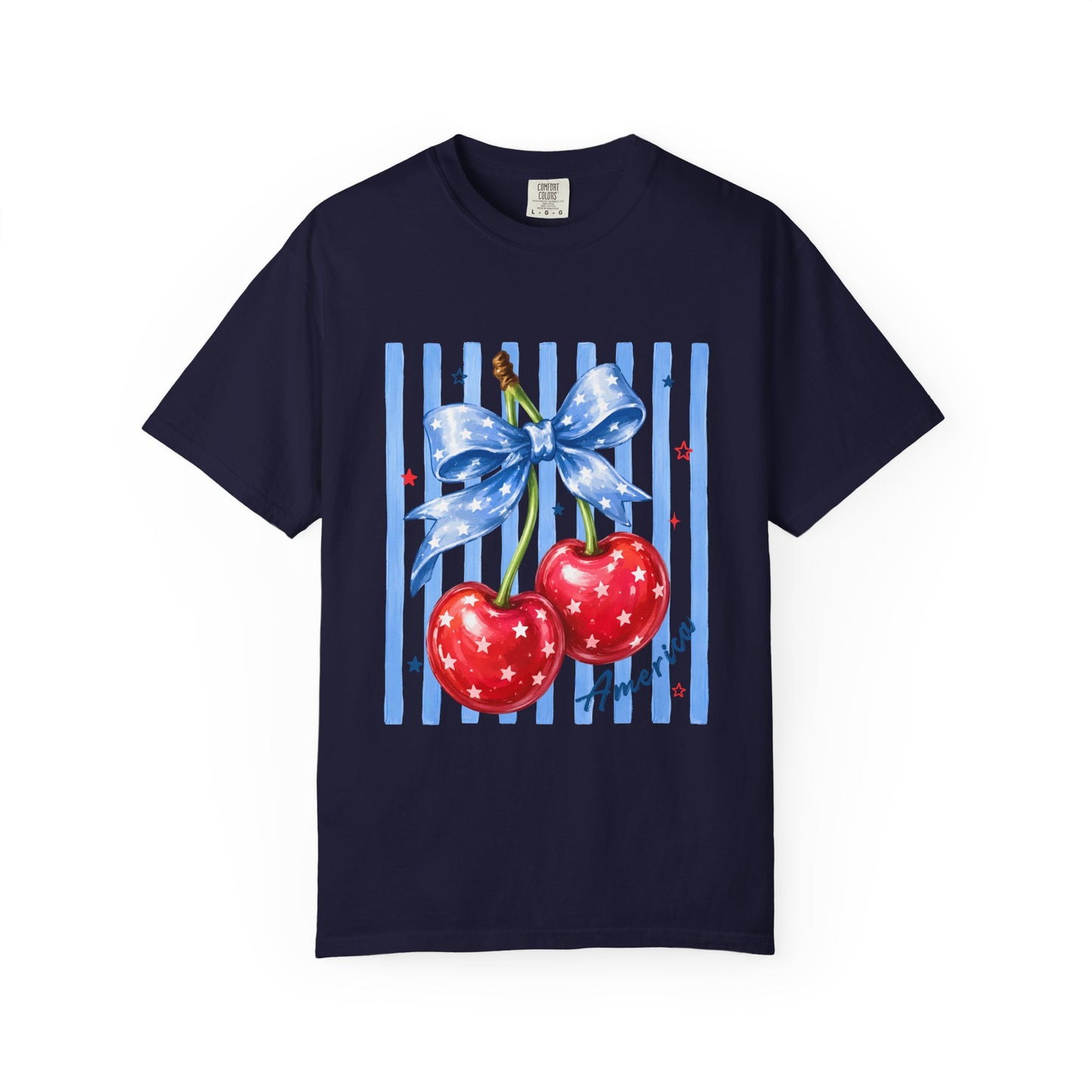 Cherry Bow T-Shirt — Retro Blue Stripes Graphic Tee