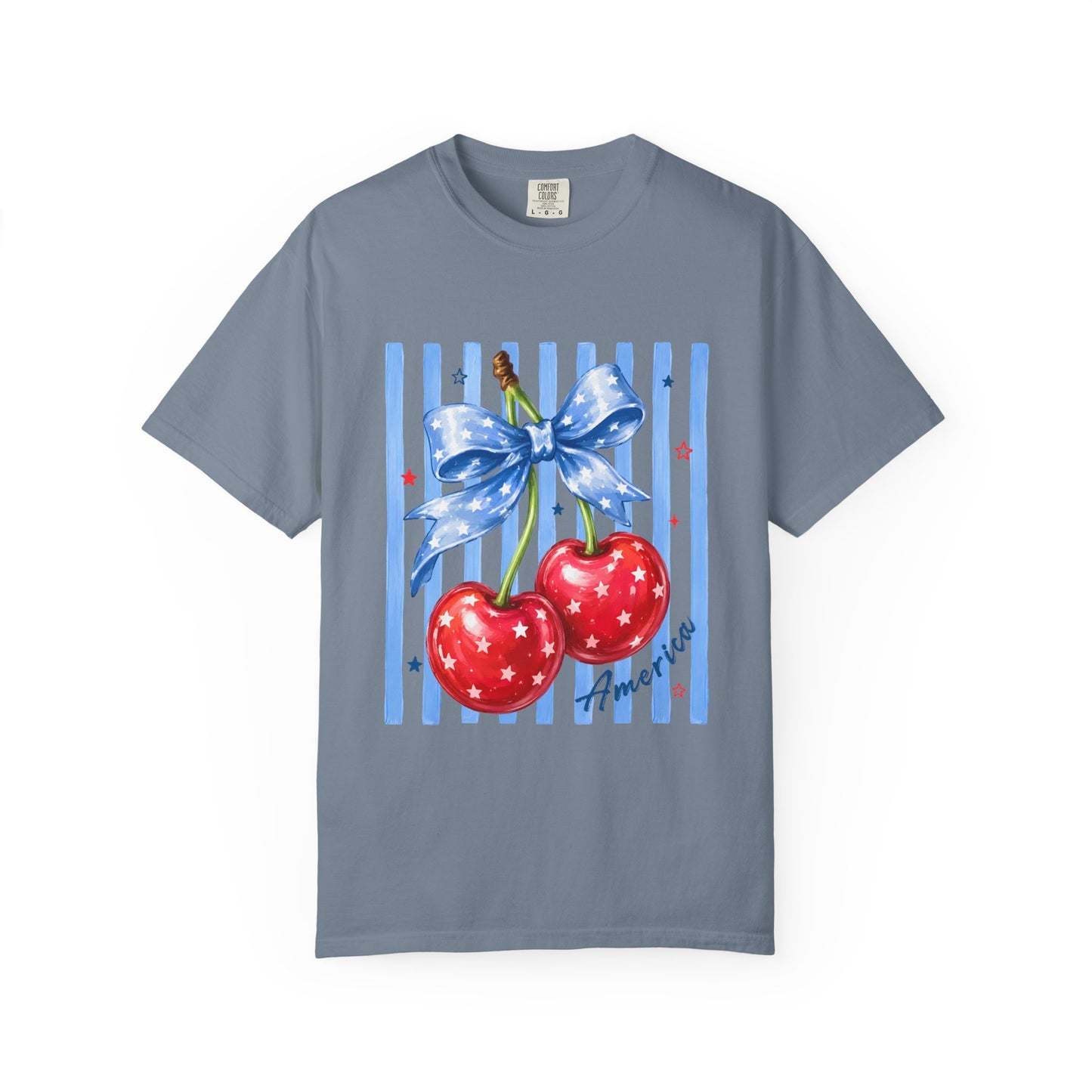 Cherry Bow T-Shirt — Retro Blue Stripes Graphic Tee