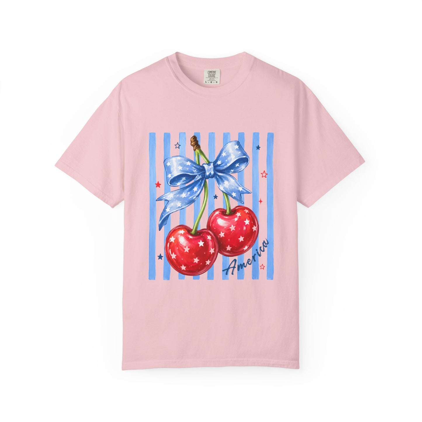 Cherry Bow T-Shirt — Retro Blue Stripes Graphic Tee