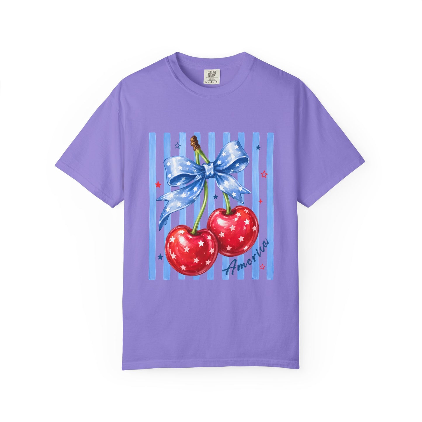 Cherry Bow T-Shirt — Retro Blue Stripes Graphic Tee