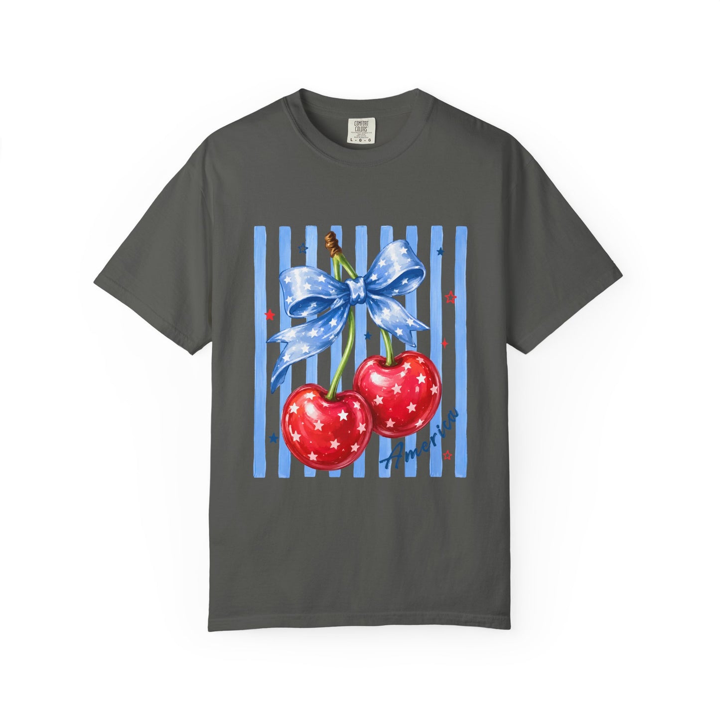 Cherry Bow T-Shirt — Retro Blue Stripes Graphic Tee