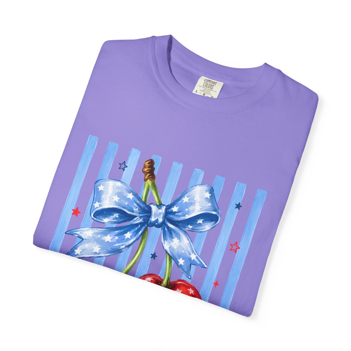 Cherry Bow T-Shirt — Retro Blue Stripes Graphic Tee