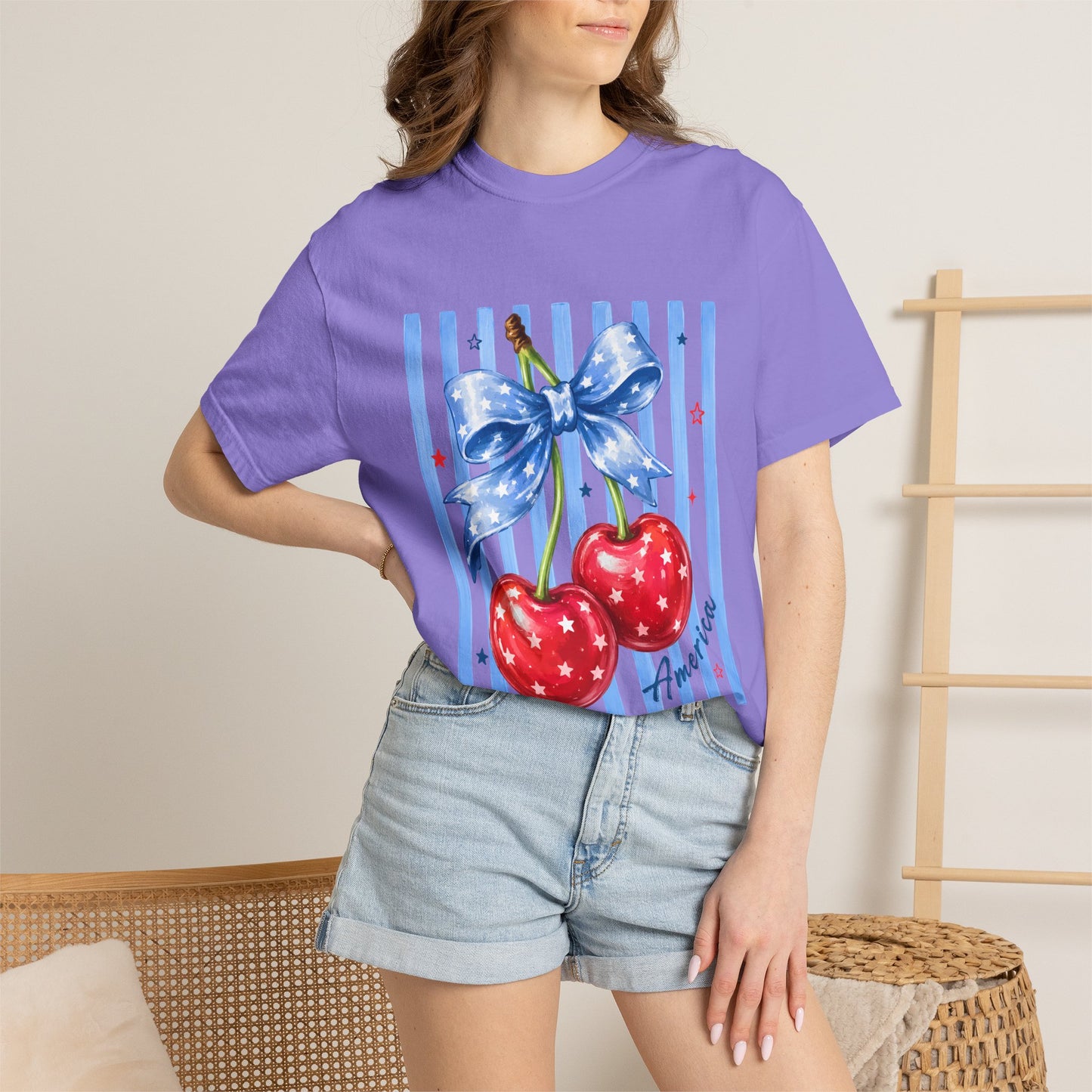 Cherry Bow T-Shirt — Retro Blue Stripes Graphic Tee