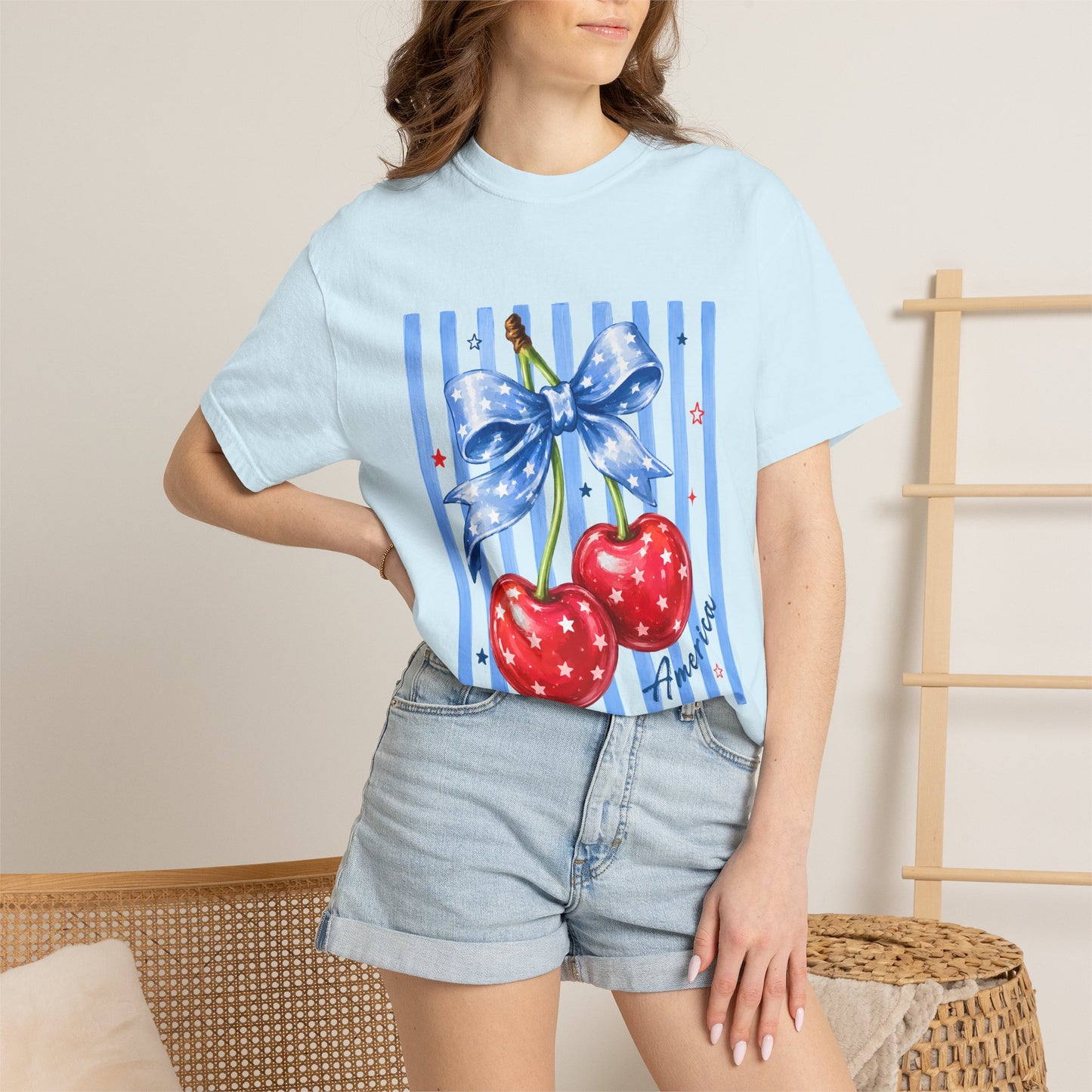 Cherry Bow T-Shirt — Retro Blue Stripes Graphic Tee