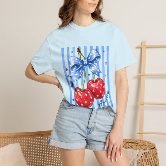 Cherry Bow T-Shirt — Retro Blue Stripes Graphic Tee