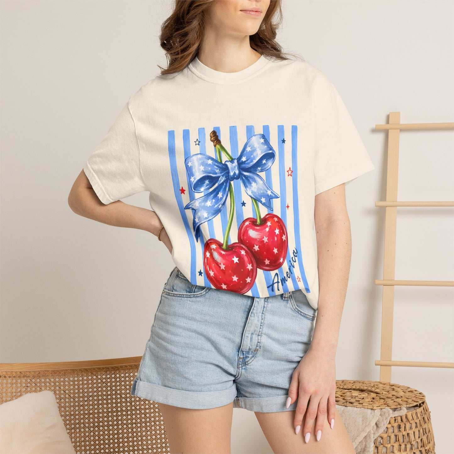 Cherry Bow T-Shirt — Retro Blue Stripes Graphic Tee