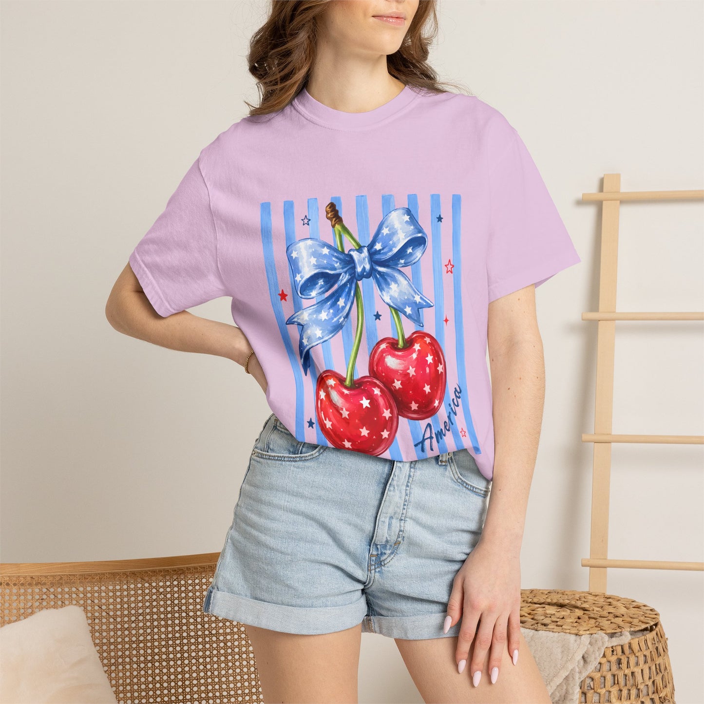 Cherry Bow T-Shirt — Retro Blue Stripes Graphic Tee