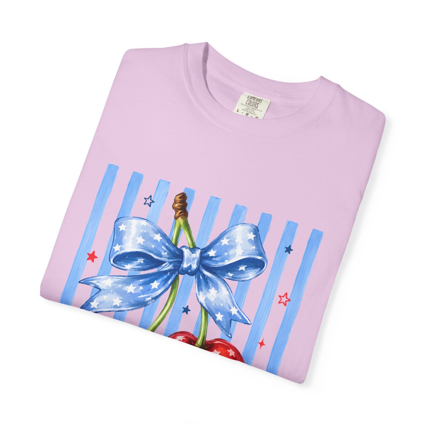 Cherry Bow T-Shirt — Retro Blue Stripes Graphic Tee