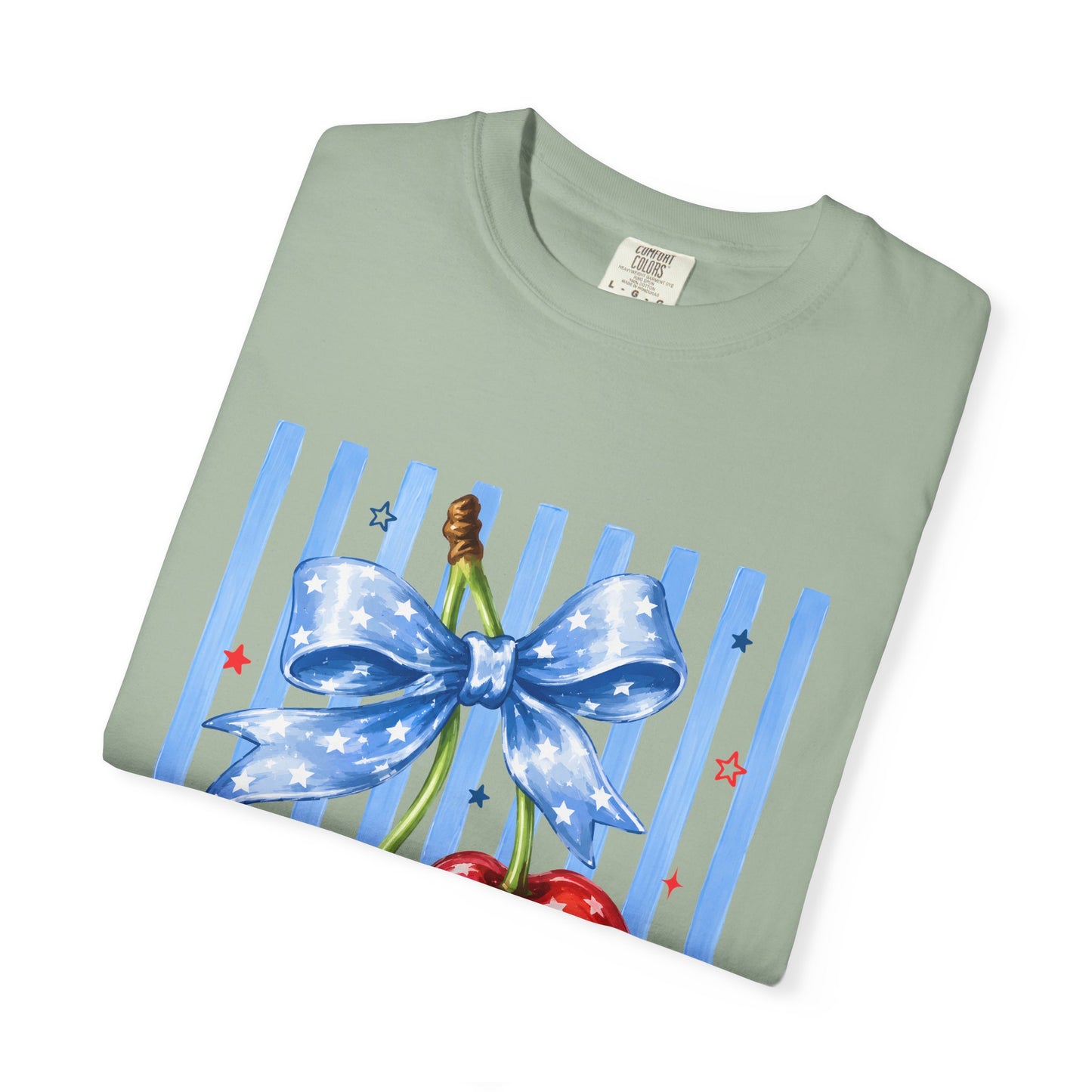 Cherry Bow T-Shirt — Retro Blue Stripes Graphic Tee