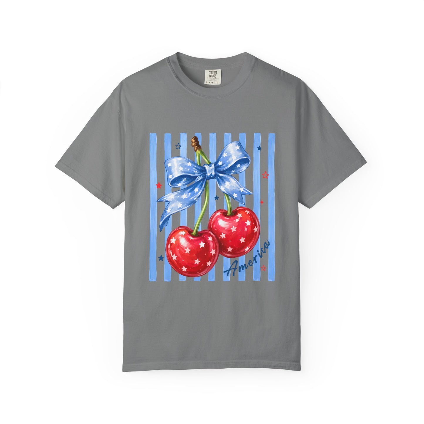 Cherry Bow T-Shirt — Retro Blue Stripes Graphic Tee