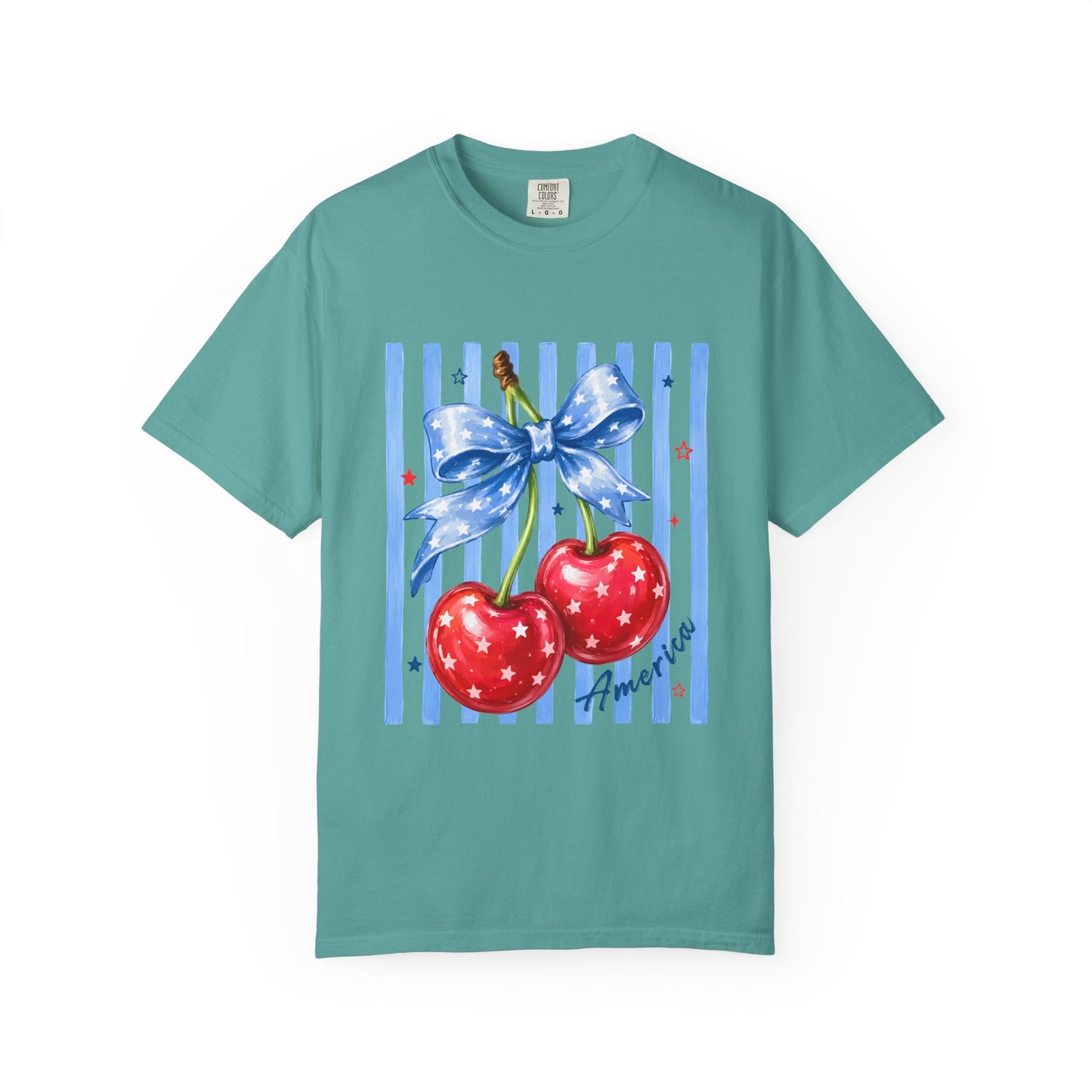 Cherry Bow T-Shirt — Retro Blue Stripes Graphic Tee