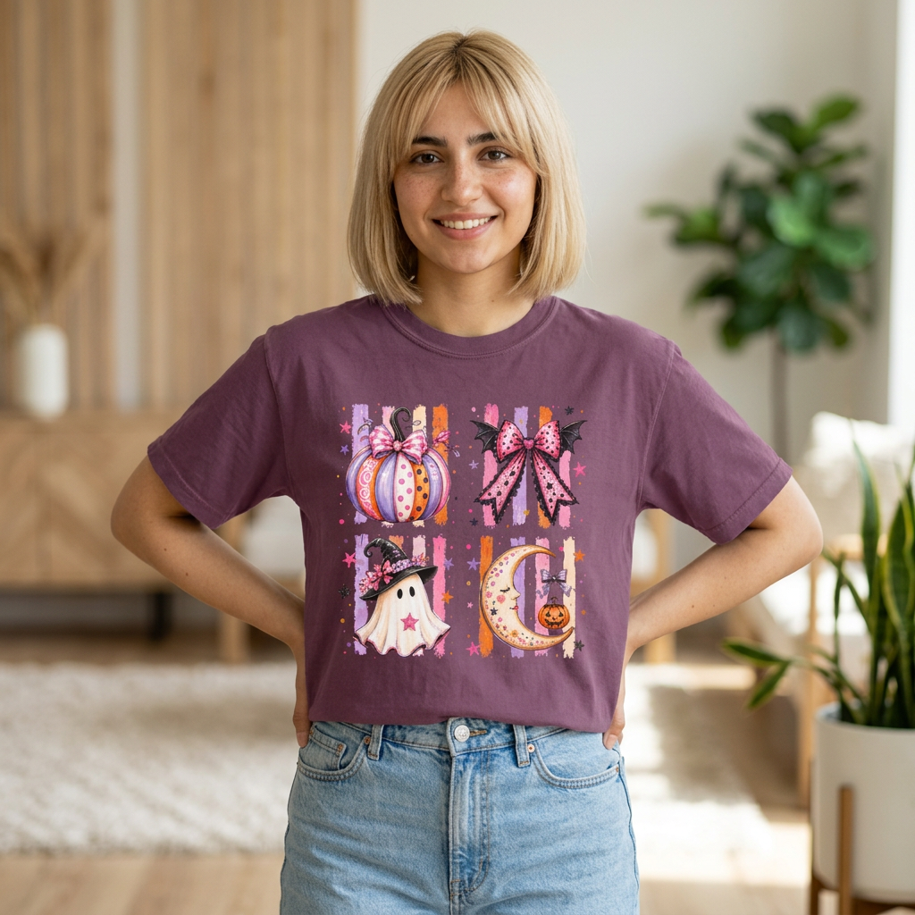 Halloween Cute Icons T-Shirt — Pumpkin, Ghost & Moon Graphic Tee