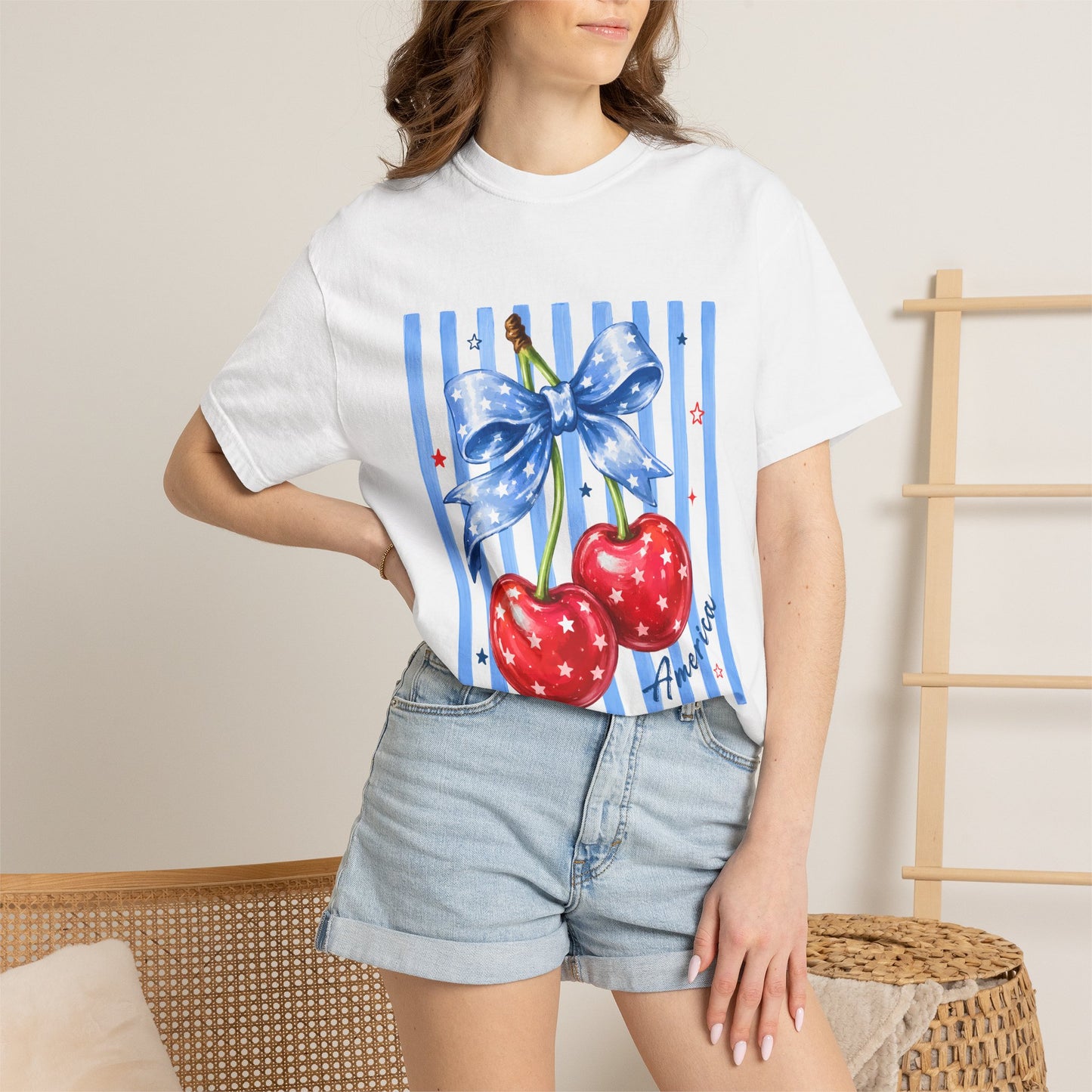 Cherry Bow T-Shirt — Retro Blue Stripes Graphic Tee