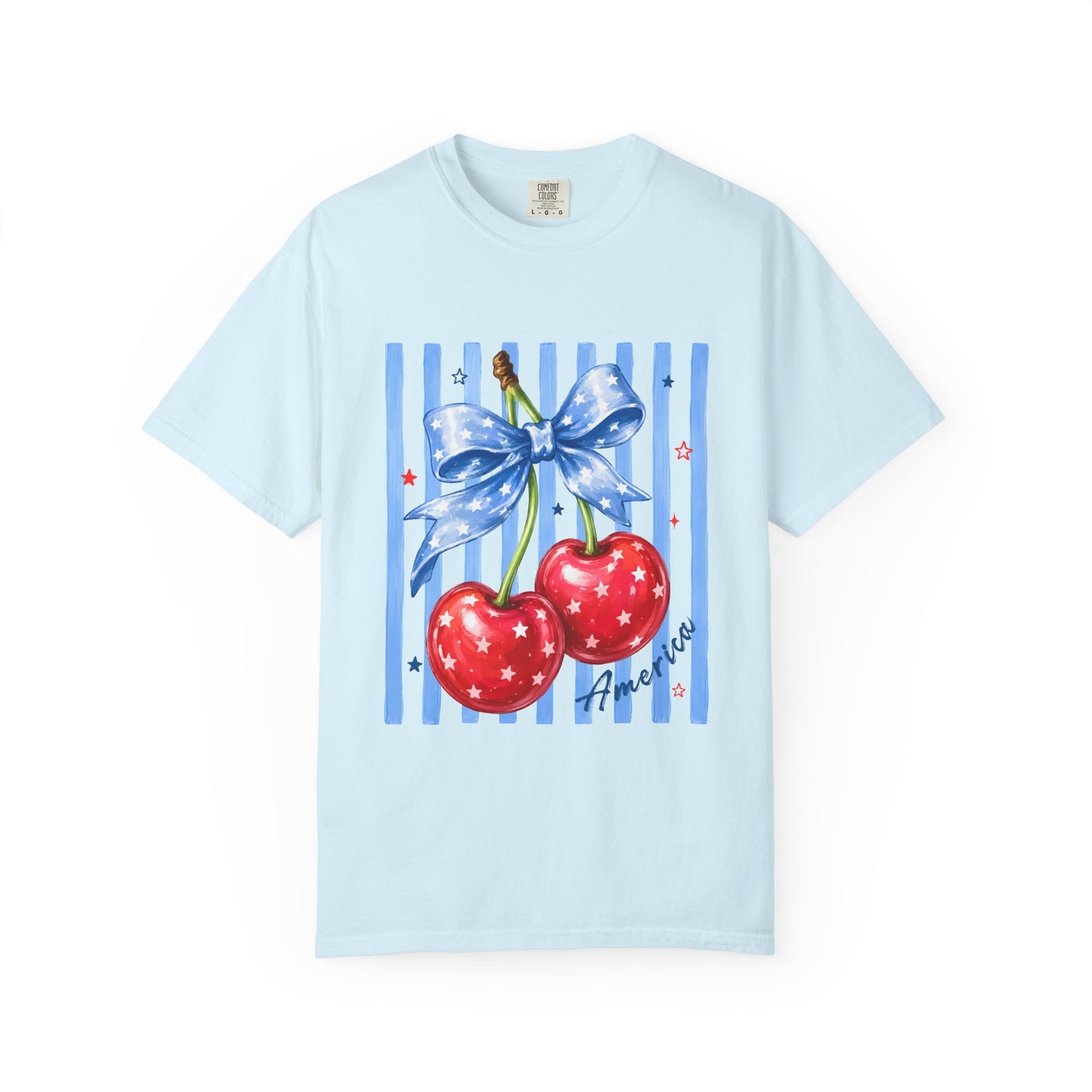 Cherry Bow T-Shirt — Retro Blue Stripes Graphic Tee