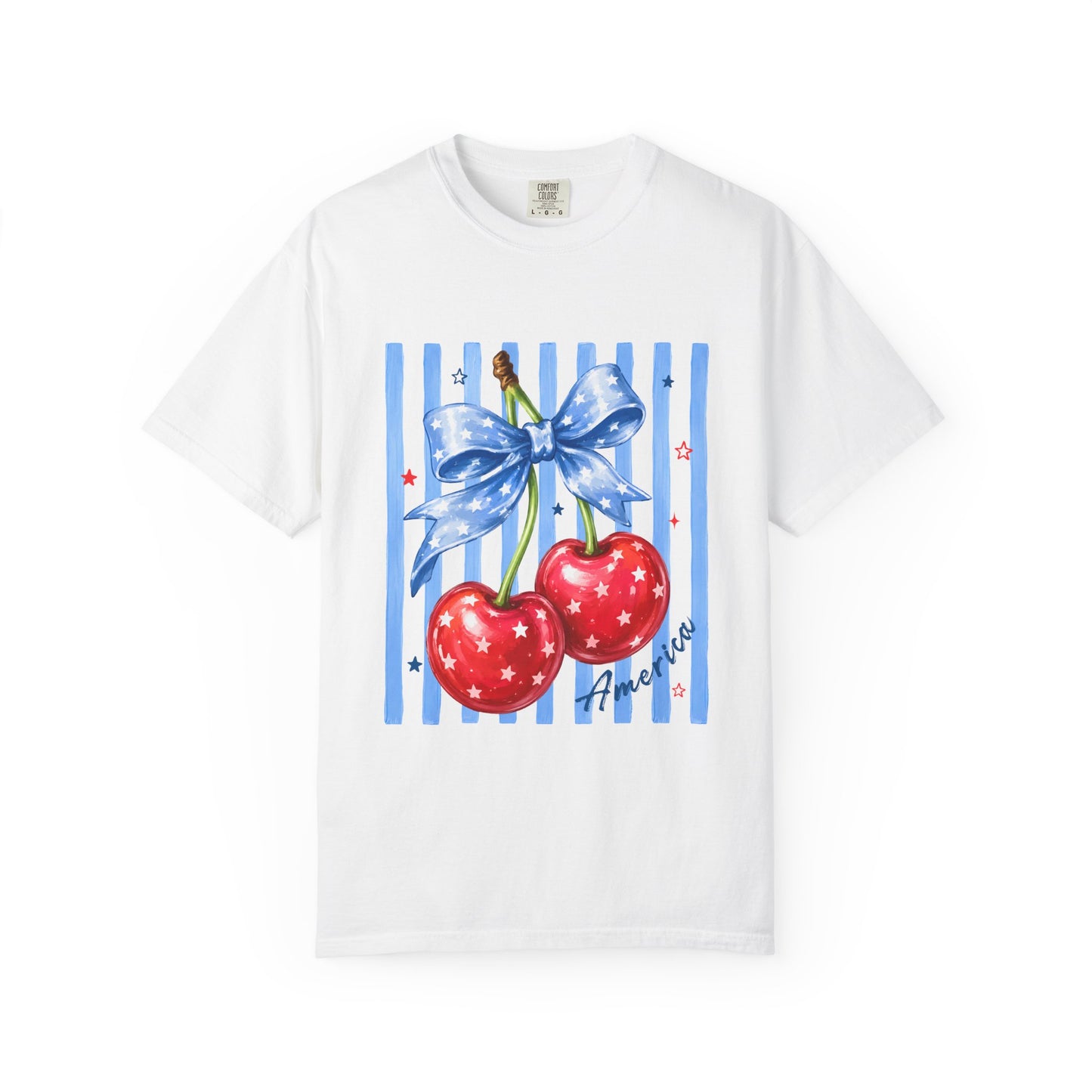 Cherry Bow T-Shirt — Retro Blue Stripes Graphic Tee