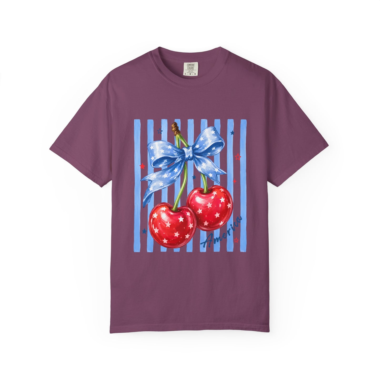 Cherry Bow T-Shirt — Retro Blue Stripes Graphic Tee