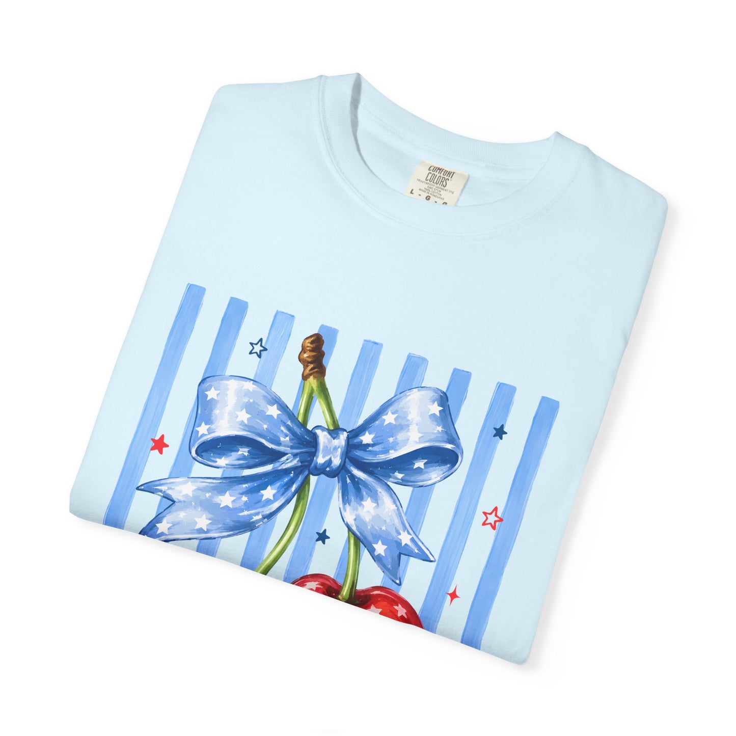 Cherry Bow T-Shirt — Retro Blue Stripes Graphic Tee