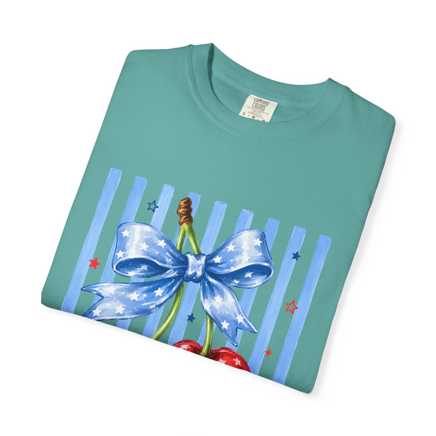Cherry Bow T-Shirt — Retro Blue Stripes Graphic Tee