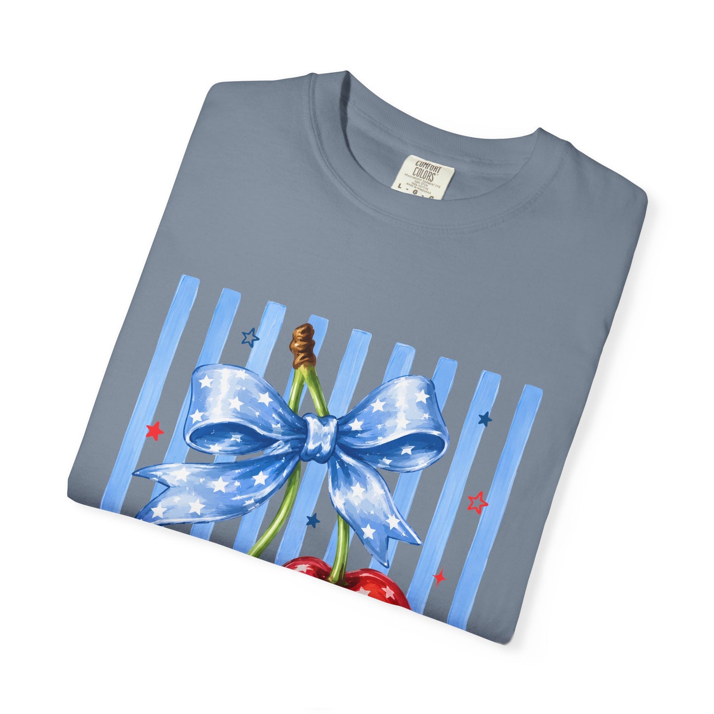 Cherry Bow T-Shirt — Retro Blue Stripes Graphic Tee
