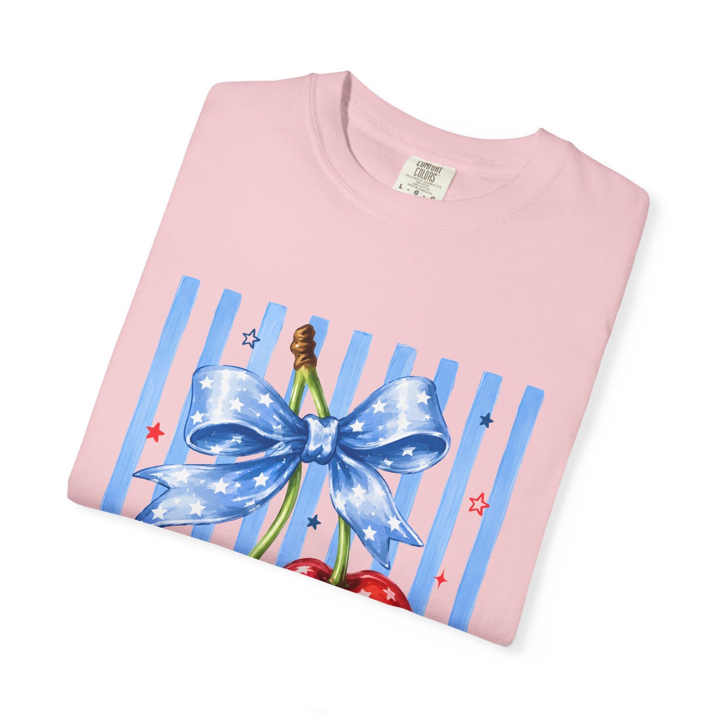 Cherry Bow T-Shirt — Retro Blue Stripes Graphic Tee