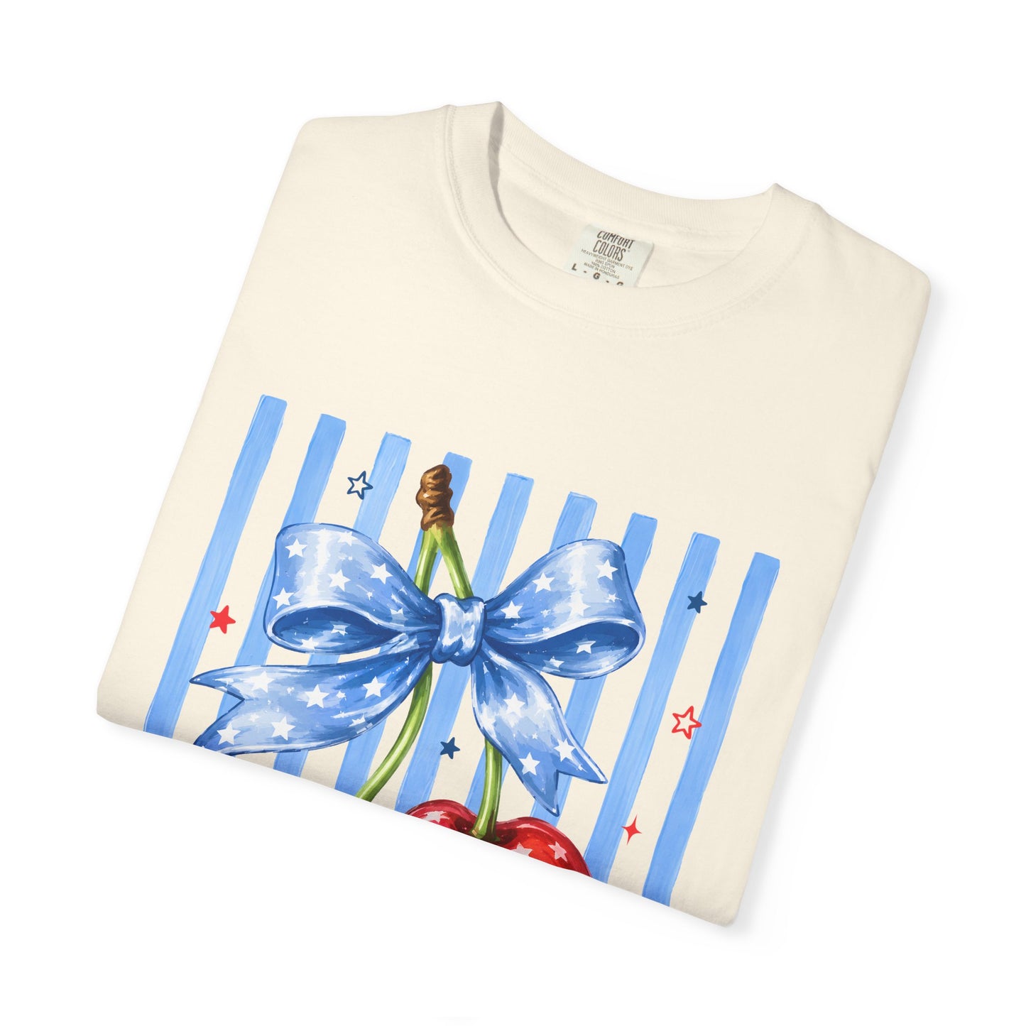 Cherry Bow T-Shirt — Retro Blue Stripes Graphic Tee