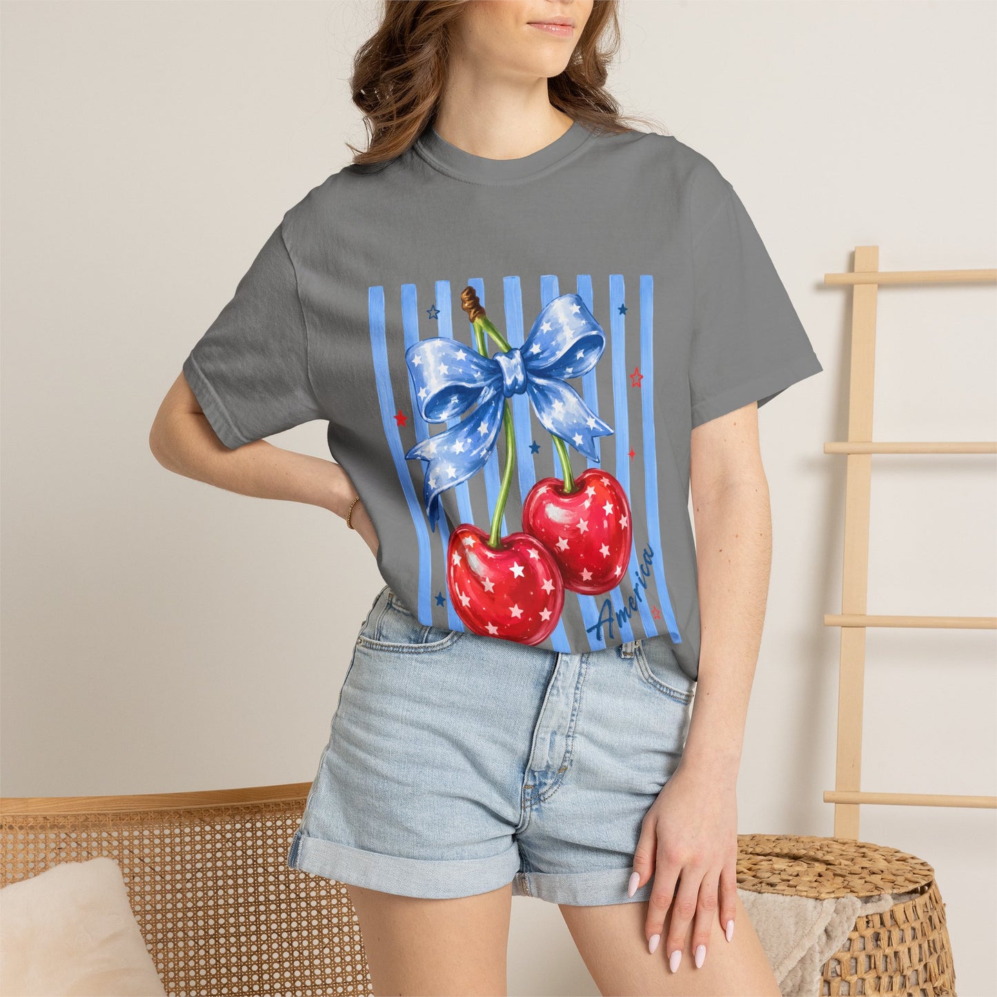 Cherry Bow T-Shirt — Retro Blue Stripes Graphic Tee
