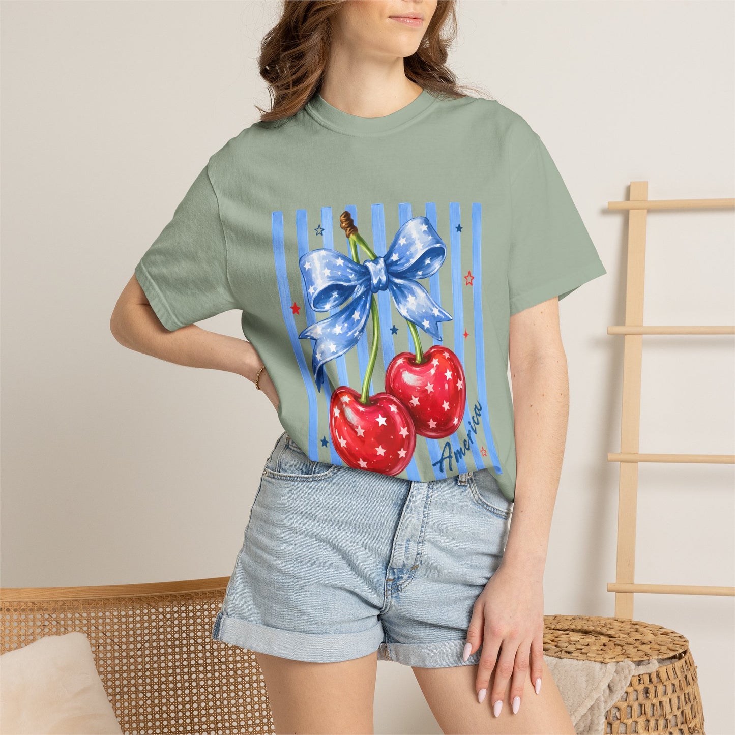 Cherry Bow T-Shirt — Retro Blue Stripes Graphic Tee