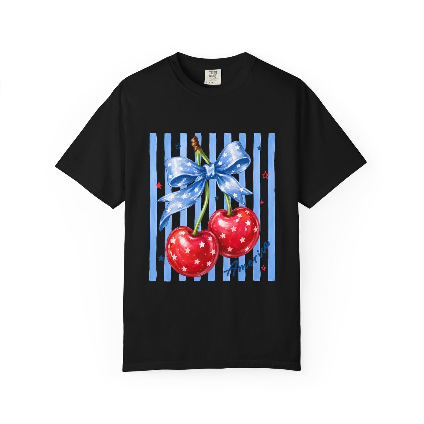 Cherry Bow T-Shirt — Retro Blue Stripes Graphic Tee