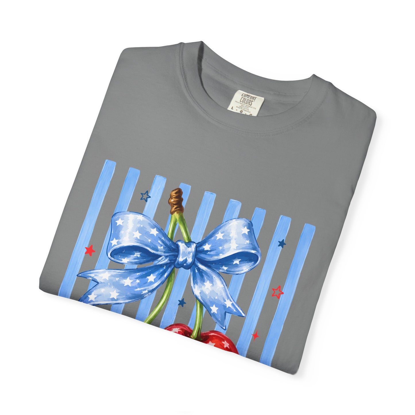 Cherry Bow T-Shirt — Retro Blue Stripes Graphic Tee
