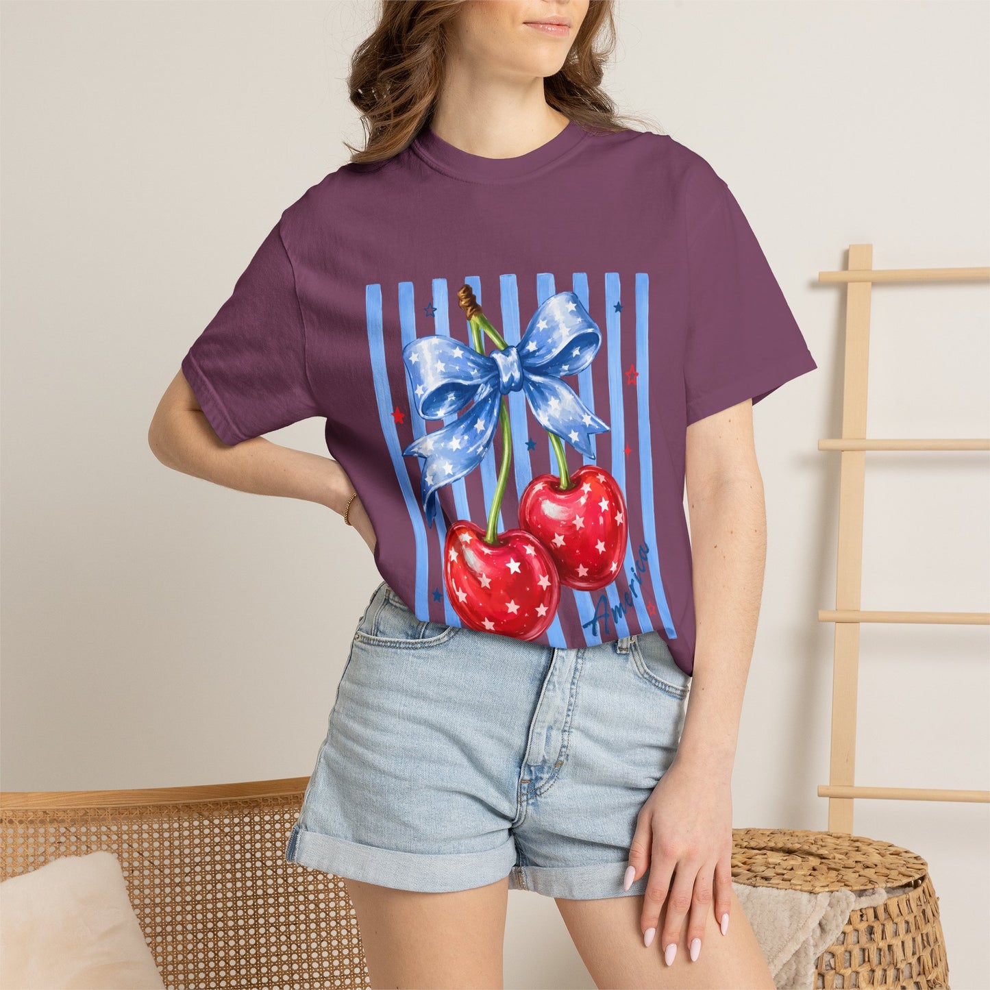 Cherry Bow T-Shirt — Retro Blue Stripes Graphic Tee