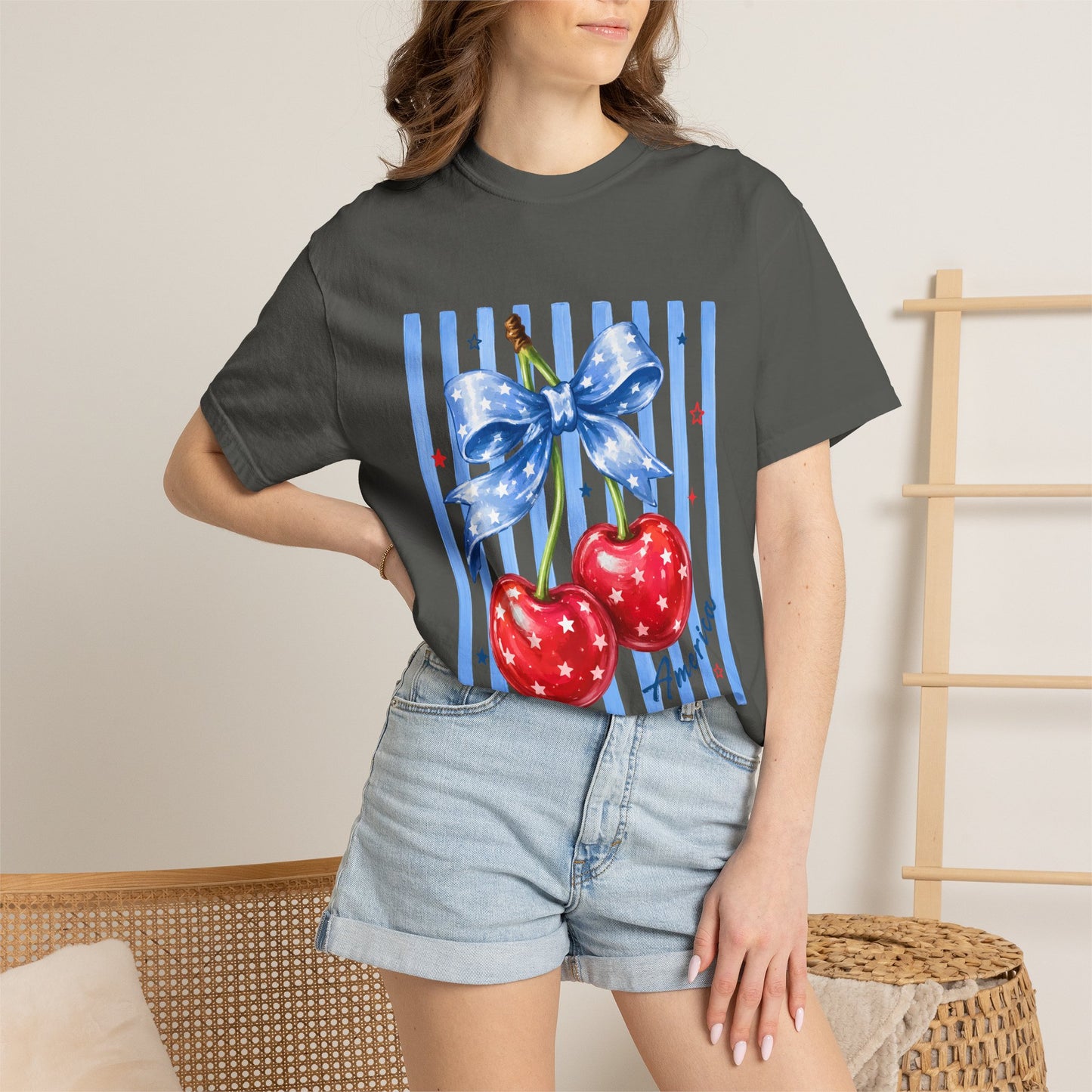 Cherry Bow T-Shirt — Retro Blue Stripes Graphic Tee