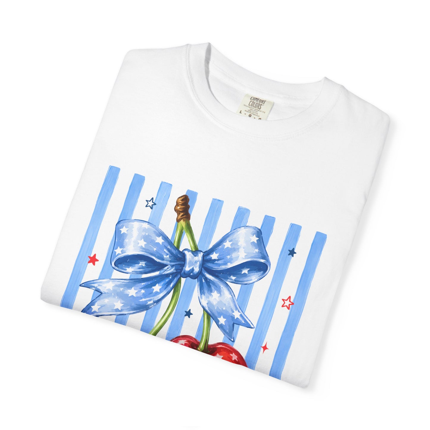 Cherry Bow T-Shirt — Retro Blue Stripes Graphic Tee