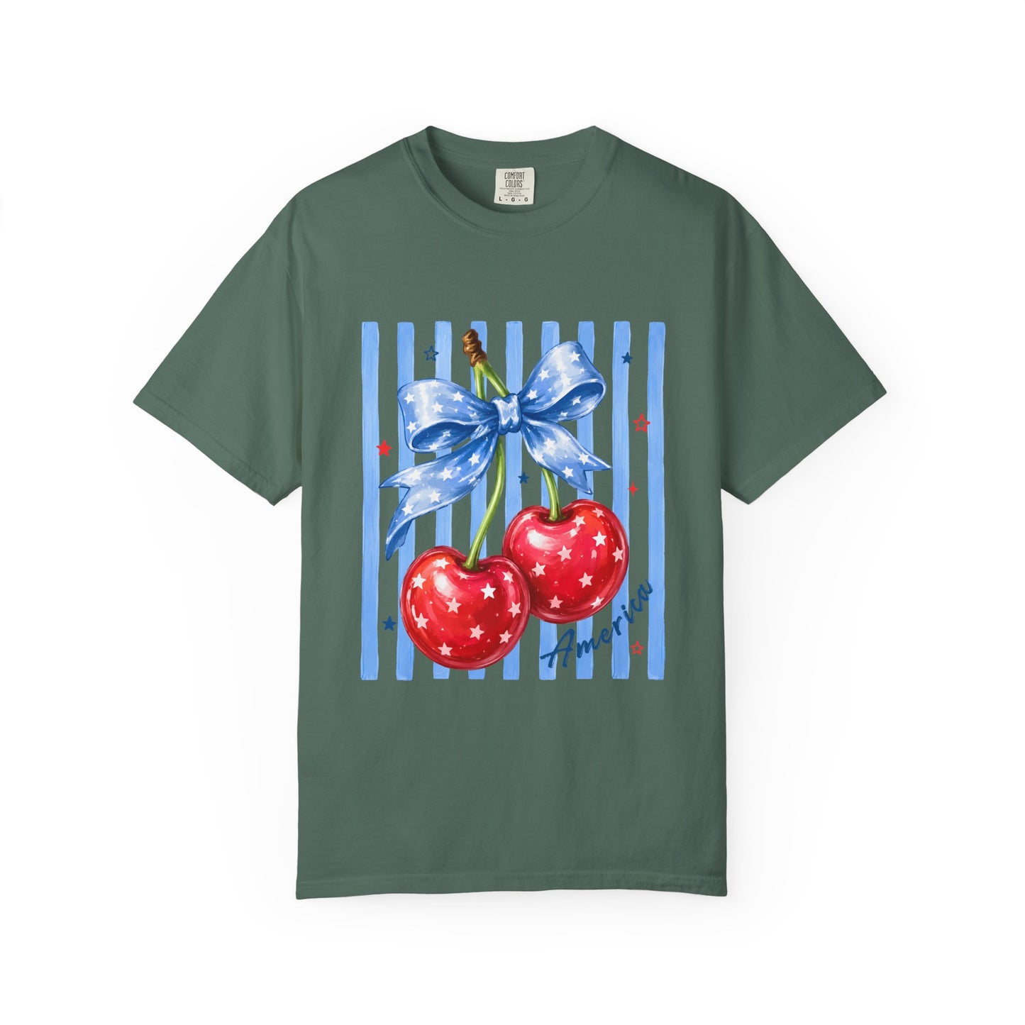 Cherry Bow T-Shirt — Retro Blue Stripes Graphic Tee