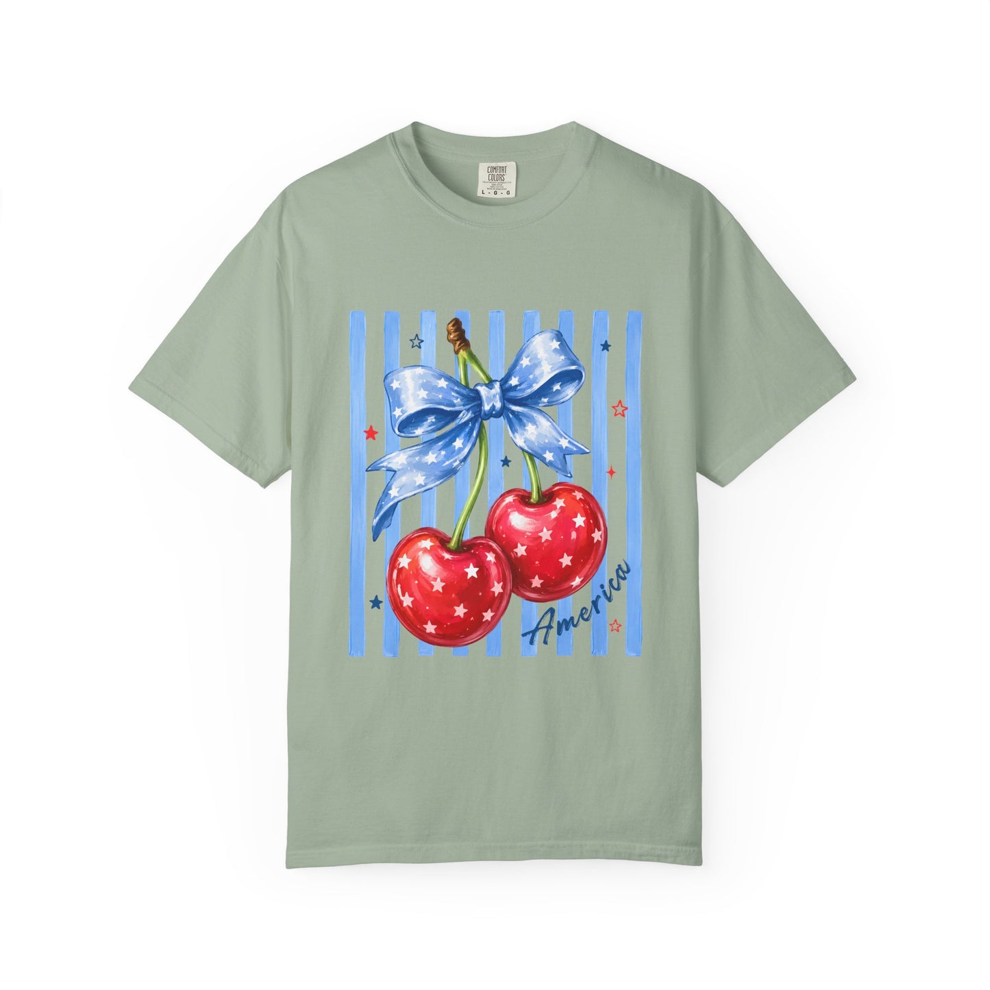 Cherry Bow T-Shirt — Retro Blue Stripes Graphic Tee