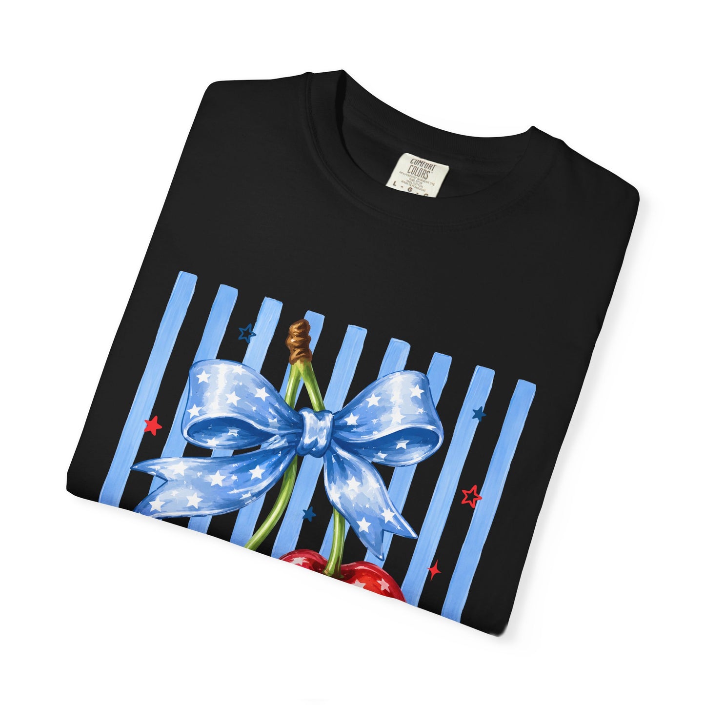 Cherry Bow T-Shirt — Retro Blue Stripes Graphic Tee
