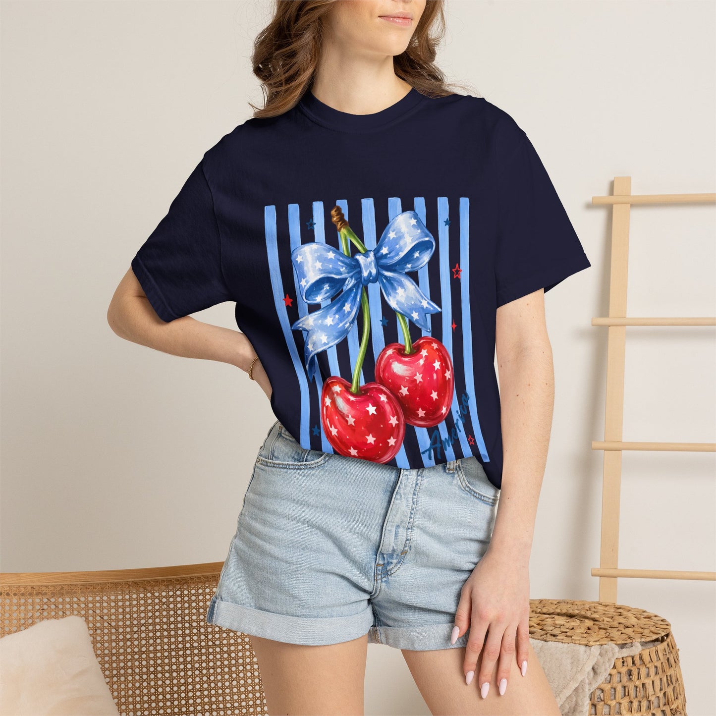 Cherry Bow T-Shirt — Retro Blue Stripes Graphic Tee