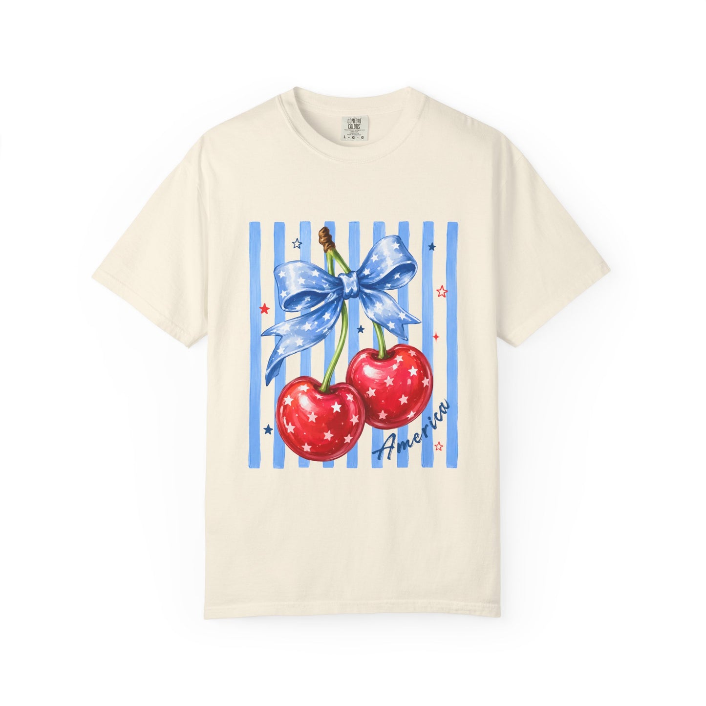 Cherry Bow T-Shirt — Retro Blue Stripes Graphic Tee