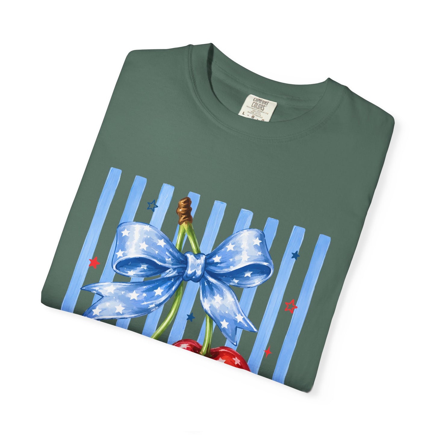 Cherry Bow T-Shirt — Retro Blue Stripes Graphic Tee