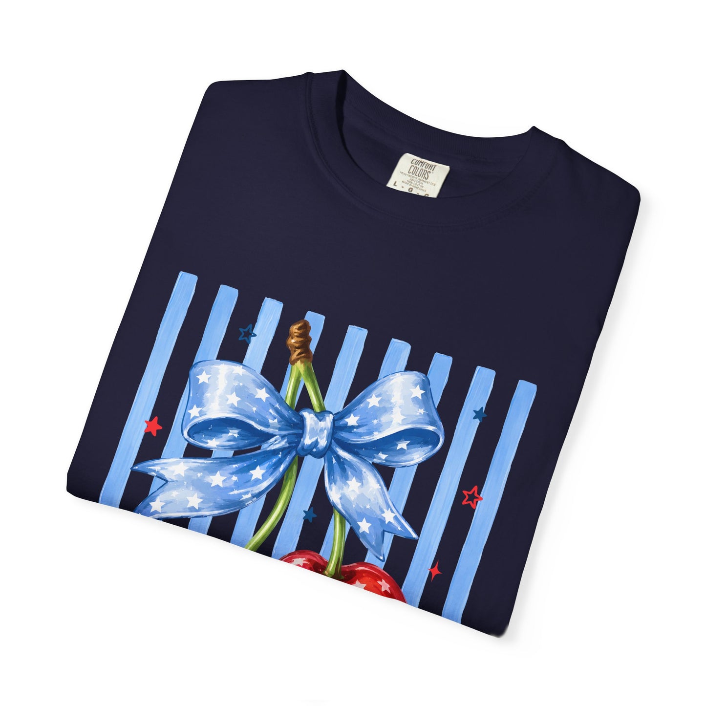 Cherry Bow T-Shirt — Retro Blue Stripes Graphic Tee